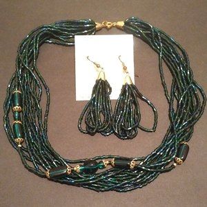 Vintage Green & Gold Beaded Necklace & Earrings Set